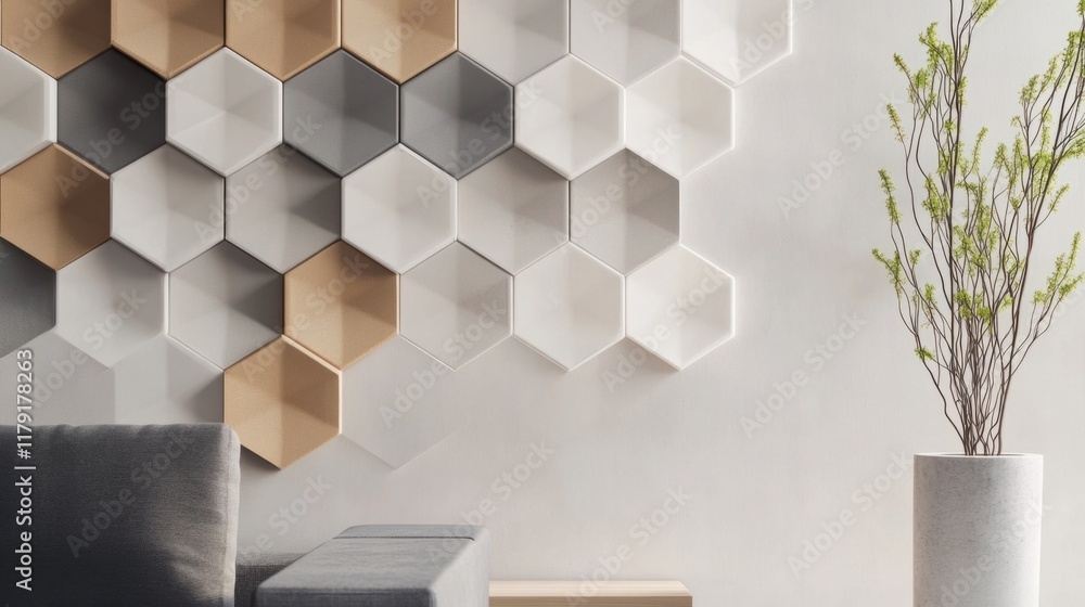 Poster a modern geometric 3d wall design with hexagonal patterns in muted colors, placed on a clean light b