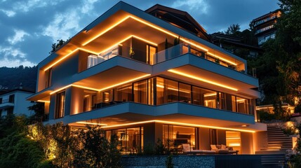 Obraz premium Modern luxury house illuminated at night.