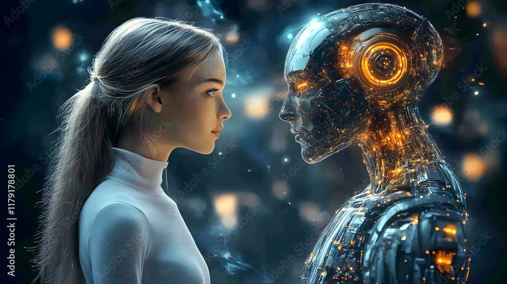 Poster woman and robot face each other in a futuristic setting with artificial intelligence