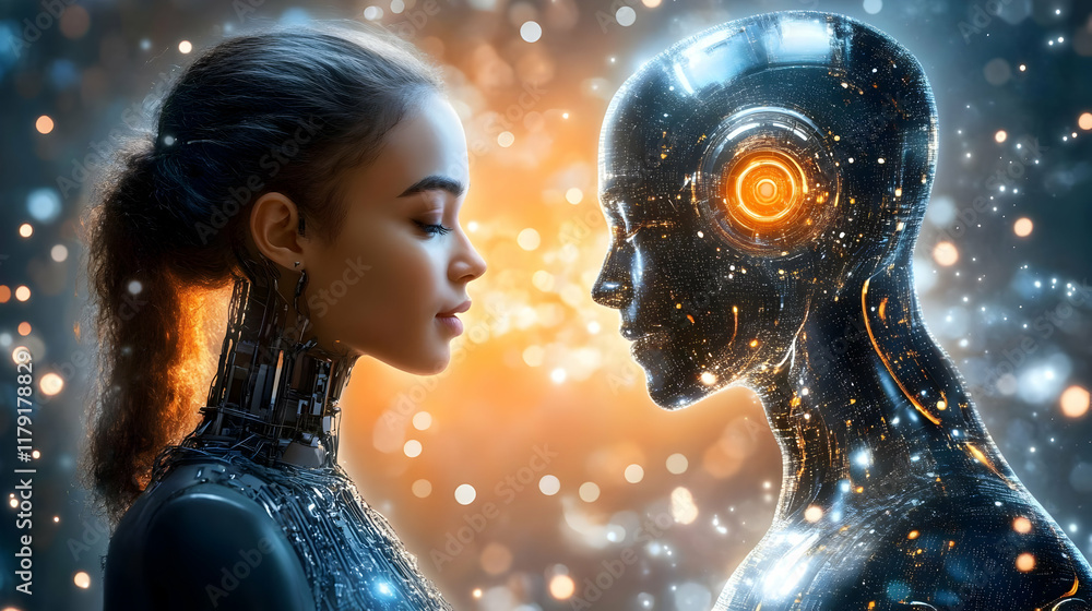 Poster woman and robot face each other, exploring the connection between humanity and artificial intelligen