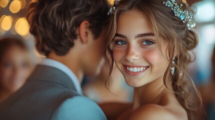 A young couple dressed elegantly, with the girl wearing a sparkling dress and the boy in a tuxedo with a boutonniere, smiling warmly, symbolizing youth, celebration, and a special occasion

