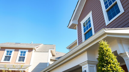 Low-angle view of two houses' exteriors.  One house is primarily maroon with white trim and windows; the other is light beige with white trim and windows.  A clear blue sky is visible.
