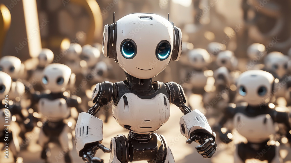 Poster ai robot cartoon characters with vector white robotic machines, modern toys, artificial intelligence