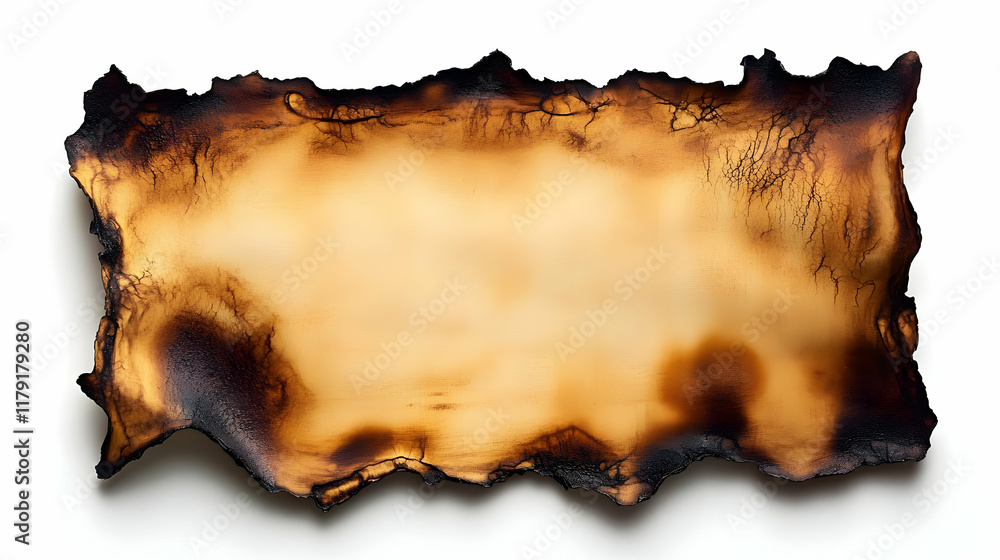 Poster burnt paper edge creates a dramatic frame on white background with charred texture and copy space