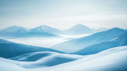 Soft-focused winter landscape, snow-covered mountains, cold and serene, tranquil and vast scene, soft hues of blue and white, peaceful winter scenery, natural beauty