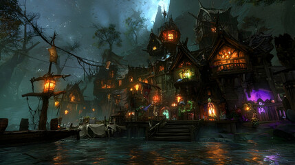 Obraz premium Nightfall swamp village harbor, boats moored, fantasy game background, digital art.