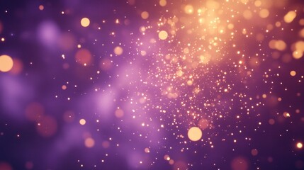 Abstract purple and gold bokeh background with glittering particles.