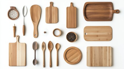 A set of commonly used kitchen items such as ladles, cutting boards, and rolling pins on white