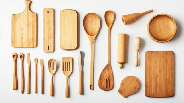 A set of commonly used kitchen items such as ladles, cutting boards, and rolling pins on white