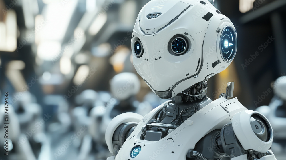 Poster ai robot cartoon characters with vector white robotic machines, modern toys, artificial intelligence