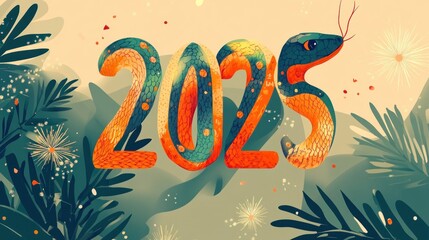 Naklejka premium Colorful snake forming the number 2025, surrounded by leaves and sparkles; New Year's design.