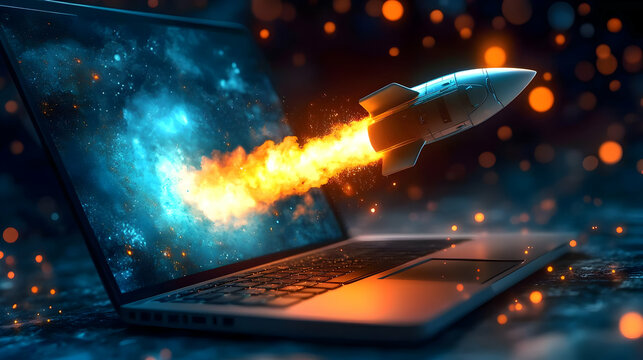 Rocket Launching from Laptop Screen into Galaxy with Fiery Trail in Dark Setting
