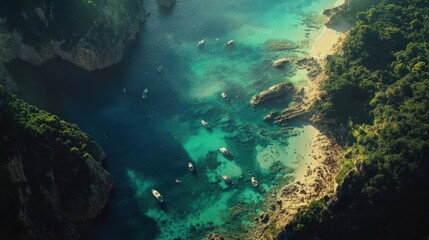 Fototapeta premium Aerial View of Turquoise Waters and Lush Green Forests by the Coast