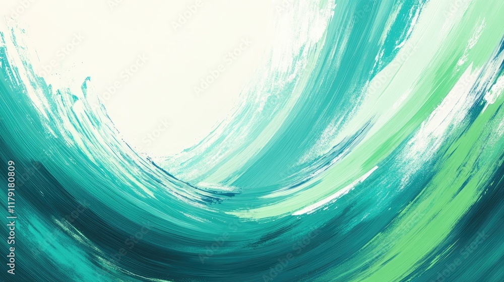 Poster a high-resolution abstract piece featuring bold strokes in green and teal, creating a fresh and dyna