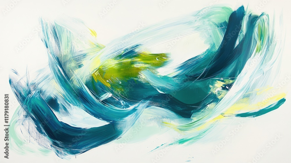Poster a high-resolution abstract piece featuring bold strokes in green and teal, creating a fresh and dyna