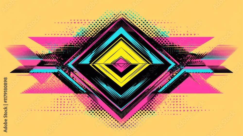 Poster abstract geometric design with vibrant colors and halftone patterns.