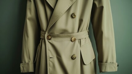 classic trench coat in khaki color on muted sage green background