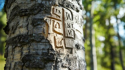 Close-up of a tree bark with carved initials, natural patterns highlighted by sunlight