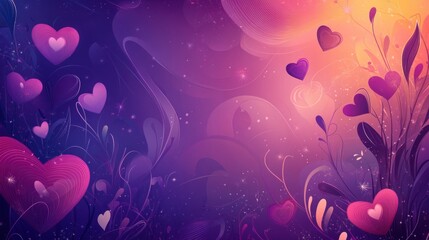Abstract romantic hearts background with purple, pink, and orange gradient.