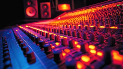 Fototapeta premium Vibrant mixing board with glowing lights, close-up of knobs and sliders, dynamic and focused, capturing the essence of sound engineering