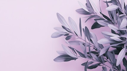 Lavender toned foliage arranged on pale pink background