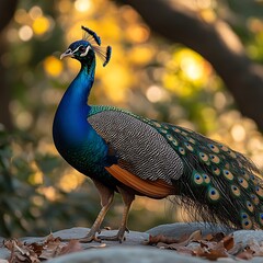 Obraz premium Colorful feathers on peacock bird at sunset high resolution hd picture