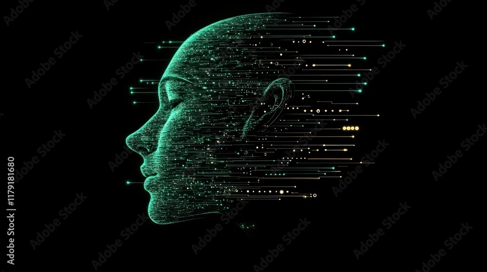Poster a digital face silhouette composed of glowing lines, circuits, and binary codes, representing artifi