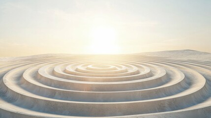 sand dunes with circular pattern under clear sky, bright sunlight, symmetrical shapes, isolated and calm scene, tranquil atmosphere, natural beauty, unique perspective