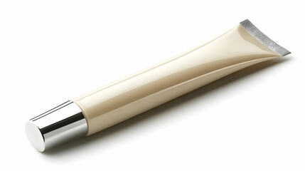 Beige Cosmetic Tube with Silver Cap Isolated on White Background Displays Product Packaging