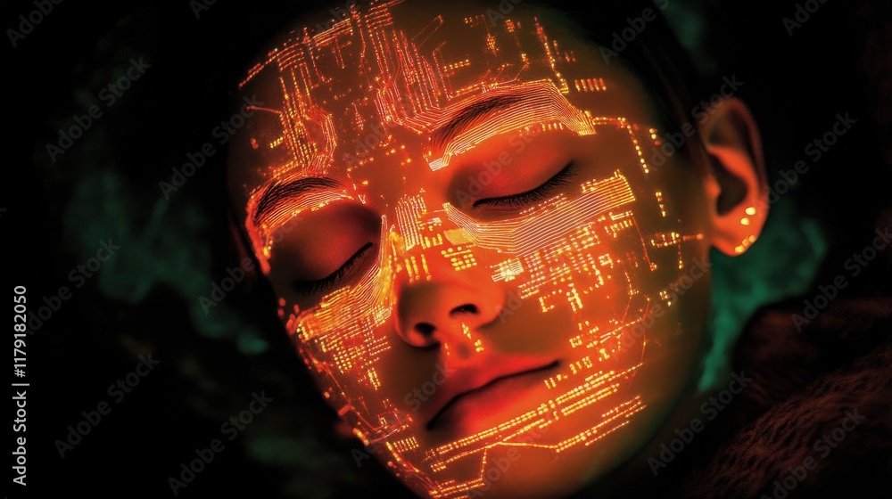 Poster a digital human face composed of glowing circuits, binary codes, and neural connections, symbolizing