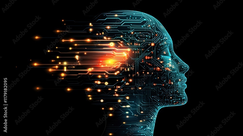 Poster a digital human face composed of glowing circuits, binary codes, and neural connections, symbolizing