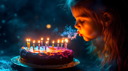 Young Child Blows Out Candles on Birthday Cake in Atmospheric Lighting