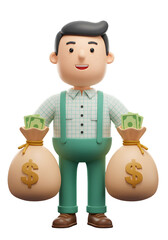 3D Cartoon-Style Male Character with Money-Filled Pouches
