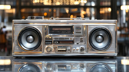 Fototapeta premium Shiny Silver Boombox Sits Majestically on a Reflective Surface, Showcasing its Retro Design with a Blurred Background.