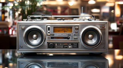 Vintage Boombox Sits Proudly on a Reflective Table in a Blurred Restaurant Setting