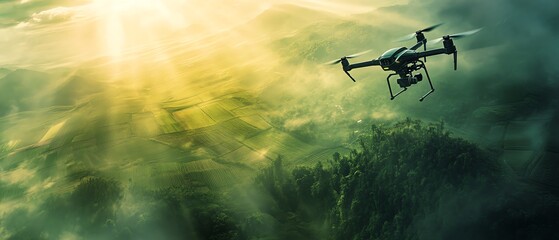 Naklejka premium Drone flying over lush green landscape at sunrise. Aerial photography, technology, nature.