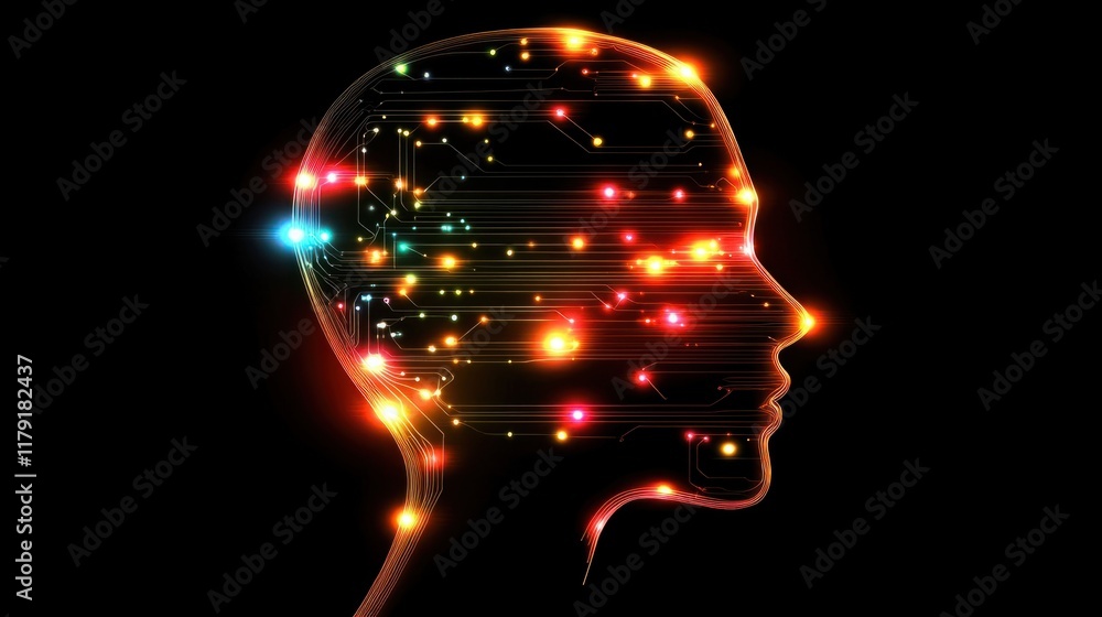 Poster a digital profile of a human face composed of glowing lines and circuits, representing artificial in