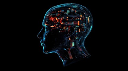 Fototapeta premium A digital profile of a human head glowing with circuits, holographic data points, and neural connections