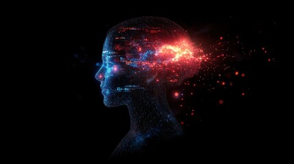 Obraz premium A digital profile of a human head glowing with circuits, holographic data points, and neural connections
