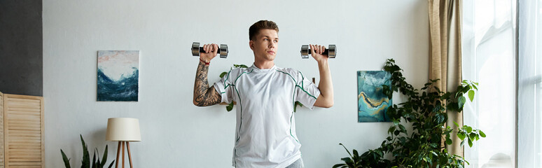 Young man with prosthetic leg exercises confidently at home surrounded by plants