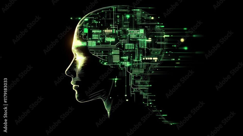 Aufkleber a digital silhouette of a human head with glowing brain circuits and data streams, symbolizing advan