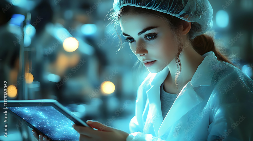 Poster scientist analyzes data on tablet in futuristic lab with advanced technology