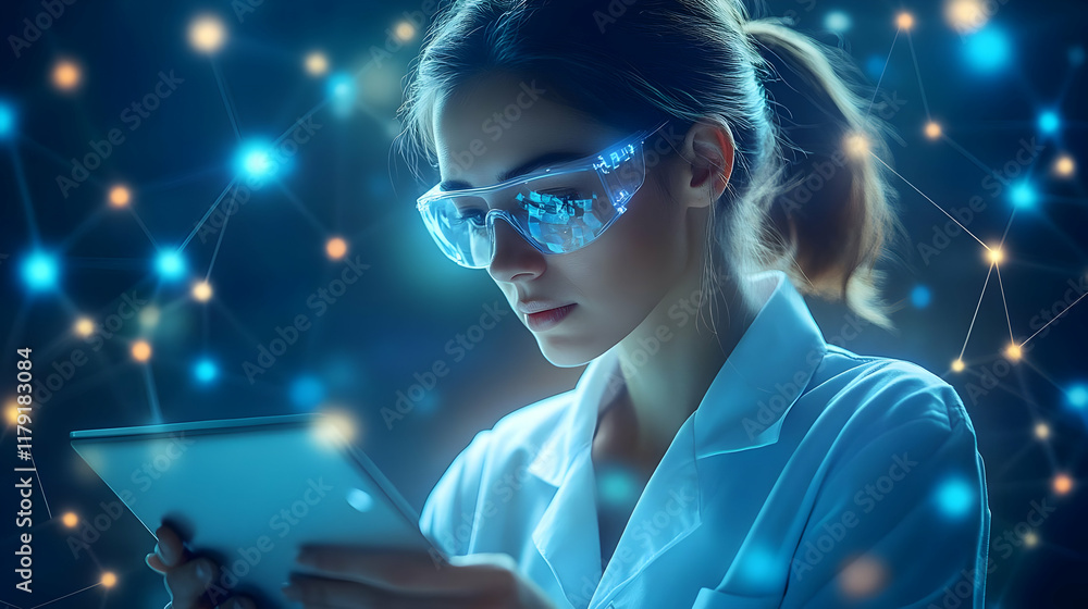 Aufkleber scientist analyzes data on tablet with futuristic network background in laboratory