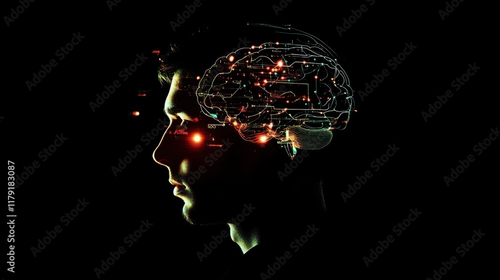 Poster a digital silhouette of a human head with glowing brain circuits and data streams, symbolizing advan
