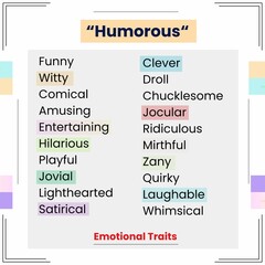 This pixel design illustrates various words similar to the word humorous, reflecting wit and lightheartedness.