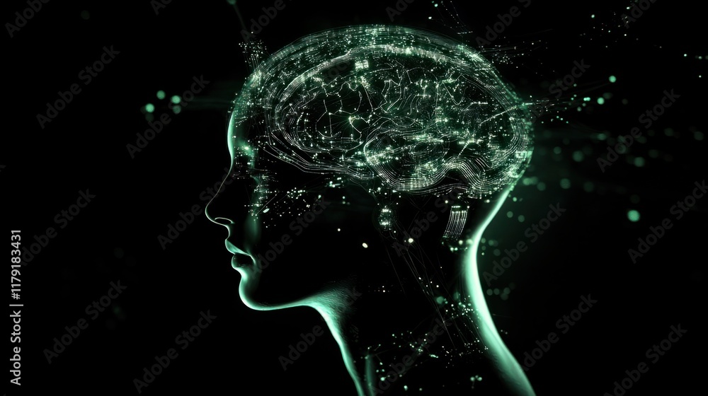 Poster a digital silhouette of a human head with glowing brain circuits and data streams, symbolizing advan