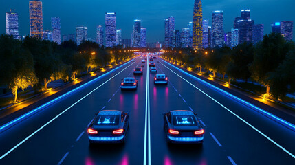 Fototapeta premium Futuristic Urban Night Scene with Self-Driving Cars in Cityscape
