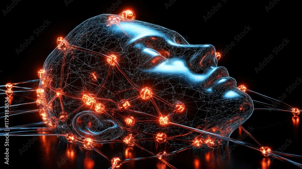 Aufkleber a futuristic ai concept with a wireframe human head connected to a glowing neural network, symbolizi