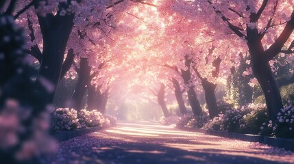 Fototapeta premium Serene Cherry Blossom Pathway in Springtime Glow
