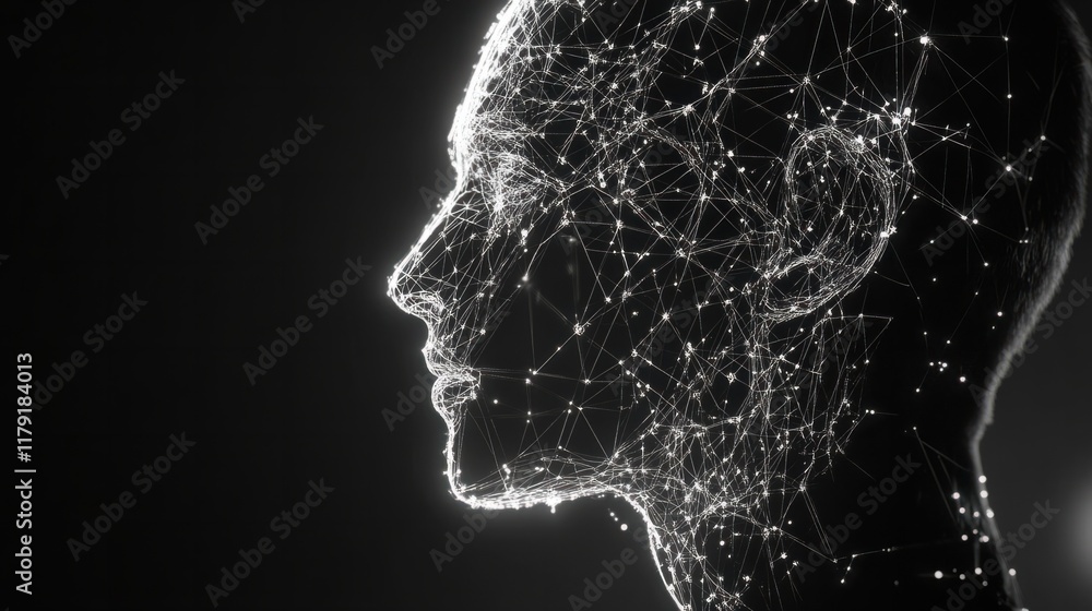 Aufkleber a futuristic ai concept with a wireframe human head connected to a glowing neural network, symbolizi